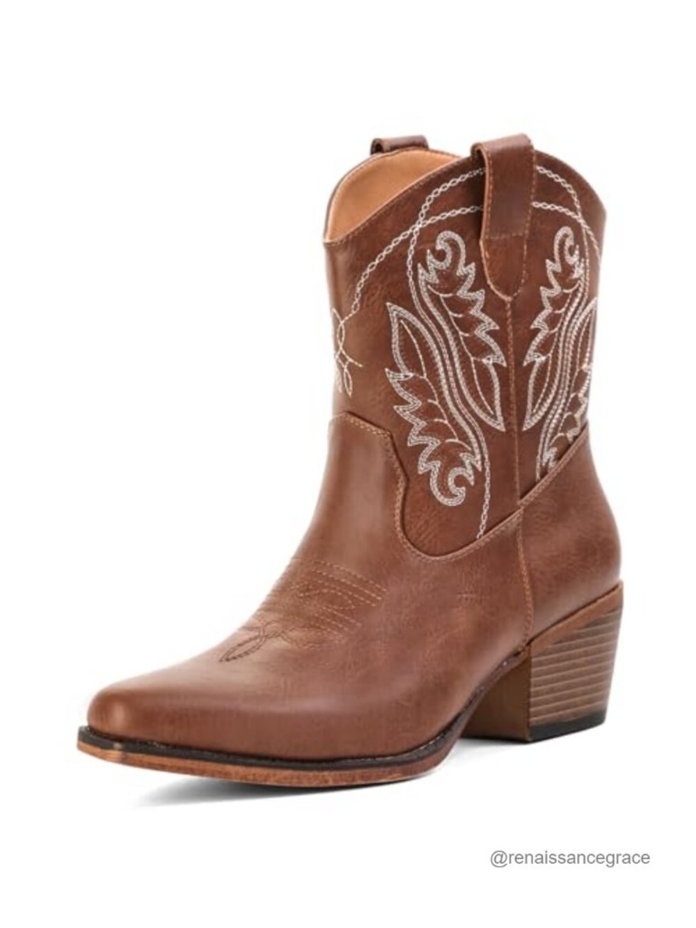 Faux Leather Western Ankle Cowboy Boots Snip Toe Pull On